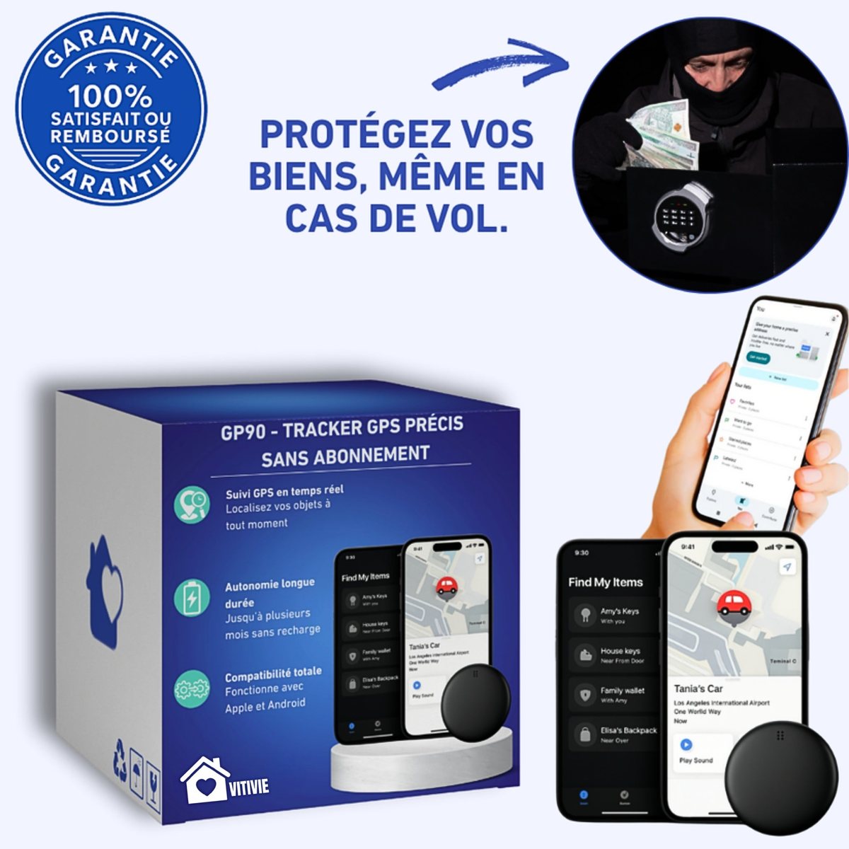 GP90 - Tracker GPS précis sans abonnement (Android/Apple)