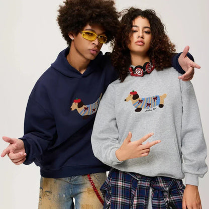 Milo – Sweat à capuche oversize unisexe avec broderie teckel